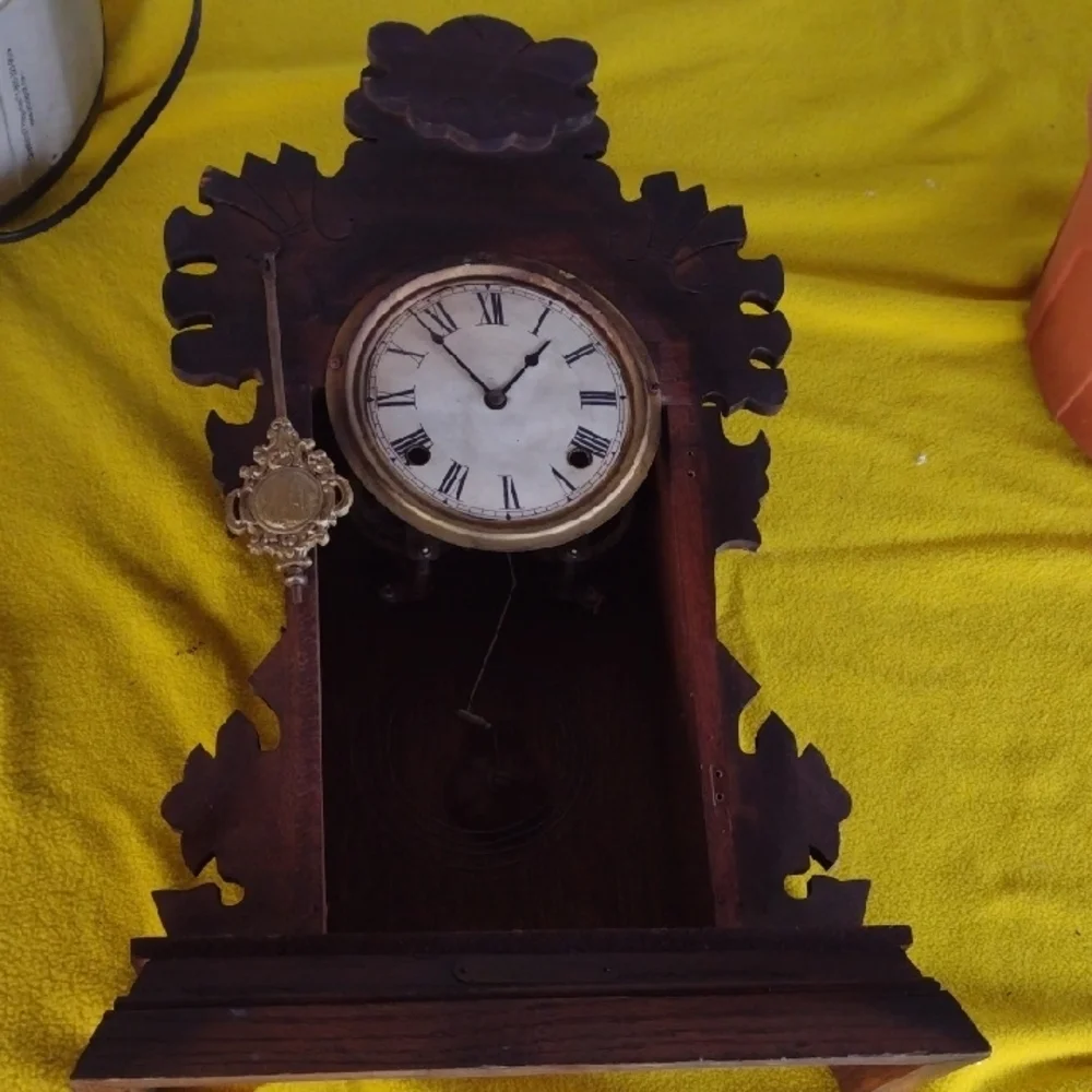 Antique October Moon CHERRY Wood Wall Clock with Gold Pendulum & Accents
